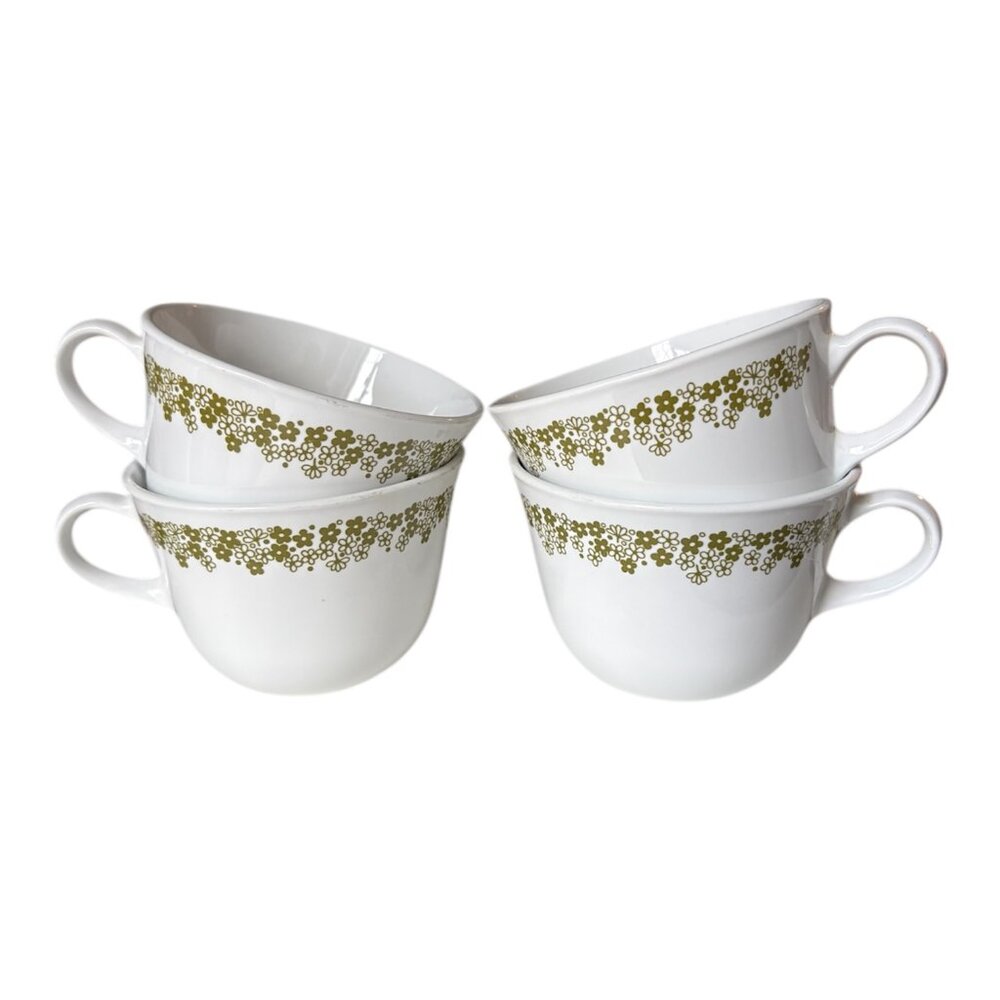 Corelle White Green Crazy Daisy Floral Coffee Tea Cup Mugs Set of 4 Made in USA